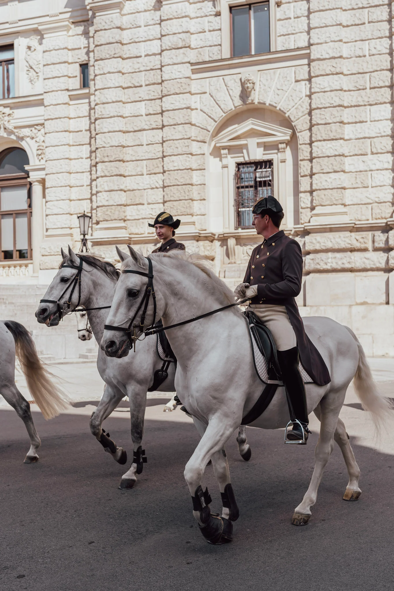 Riders from the Spanish Riding School on Lipizzaner horses in front of the Hofburg in Vienna.