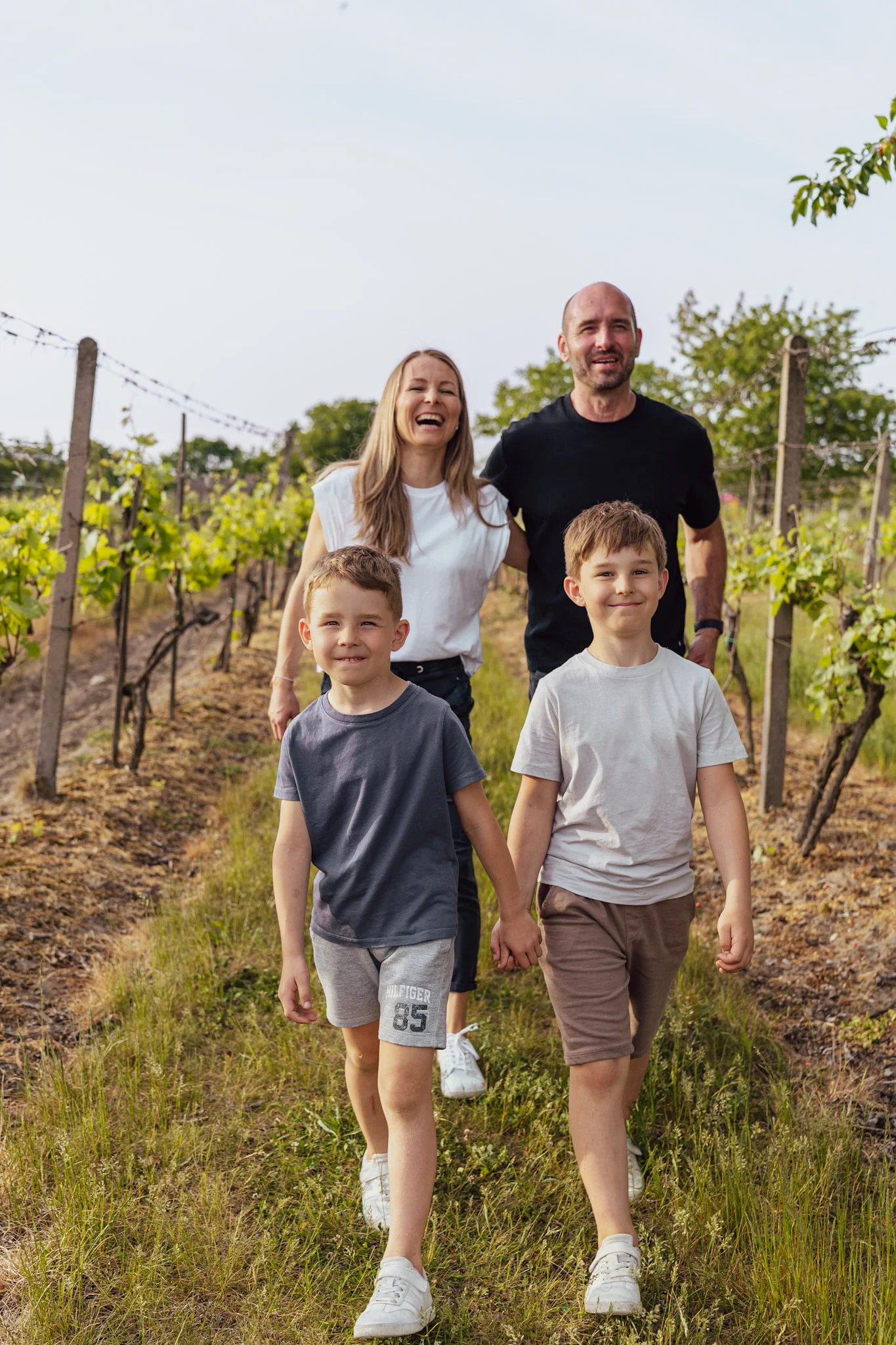 Family walking through the vineyards.